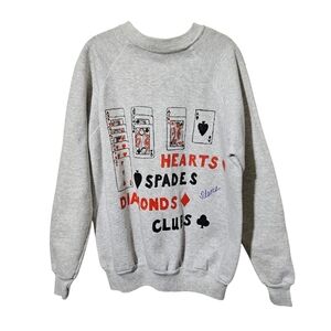 80s 90s J E MORGAN Fleece Hand-Drawn Playing Cards Suits Sweater USA Made L/XL